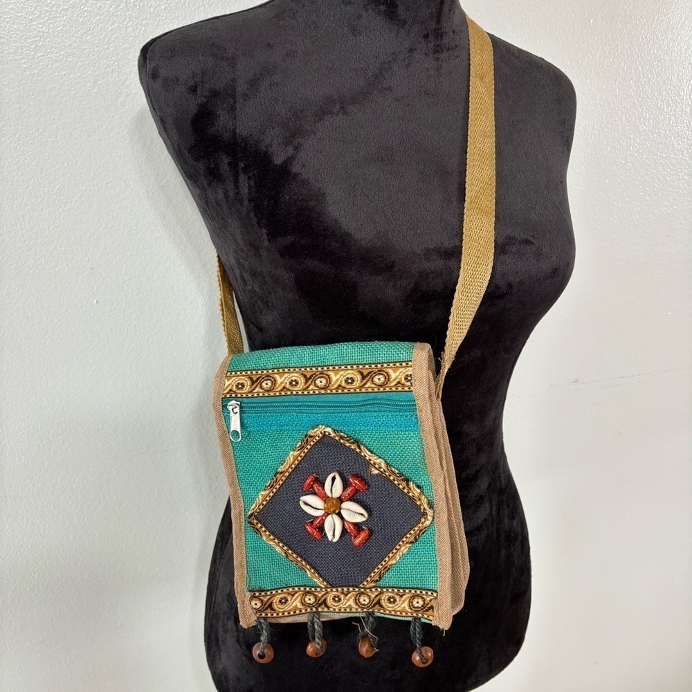 Boho Western Beaded Seashell Burlap Jute Mini Crossbody Bag